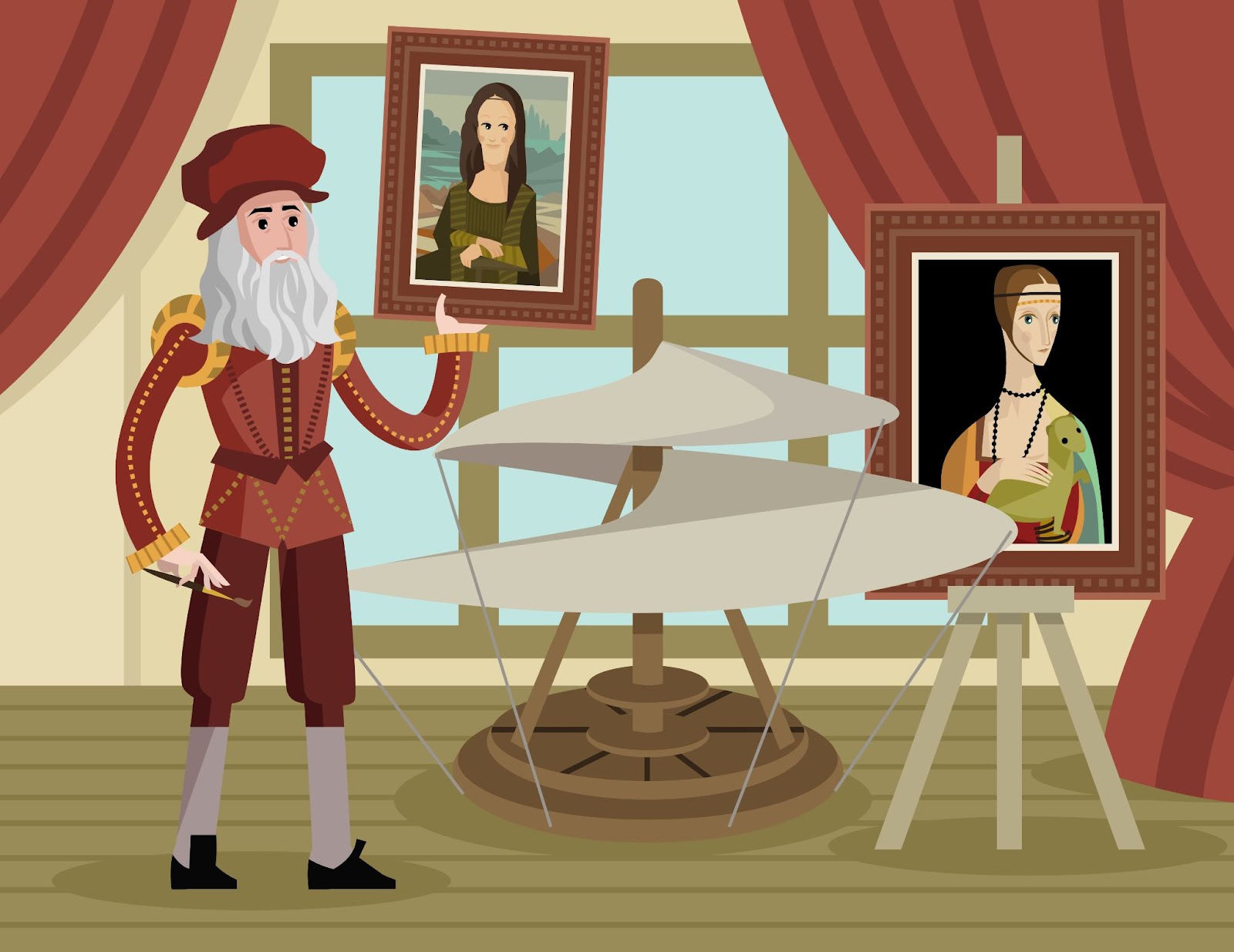 Da Vinci nel suo atelier con Monna Lisa, dipinti e macchina per volare in elicottero