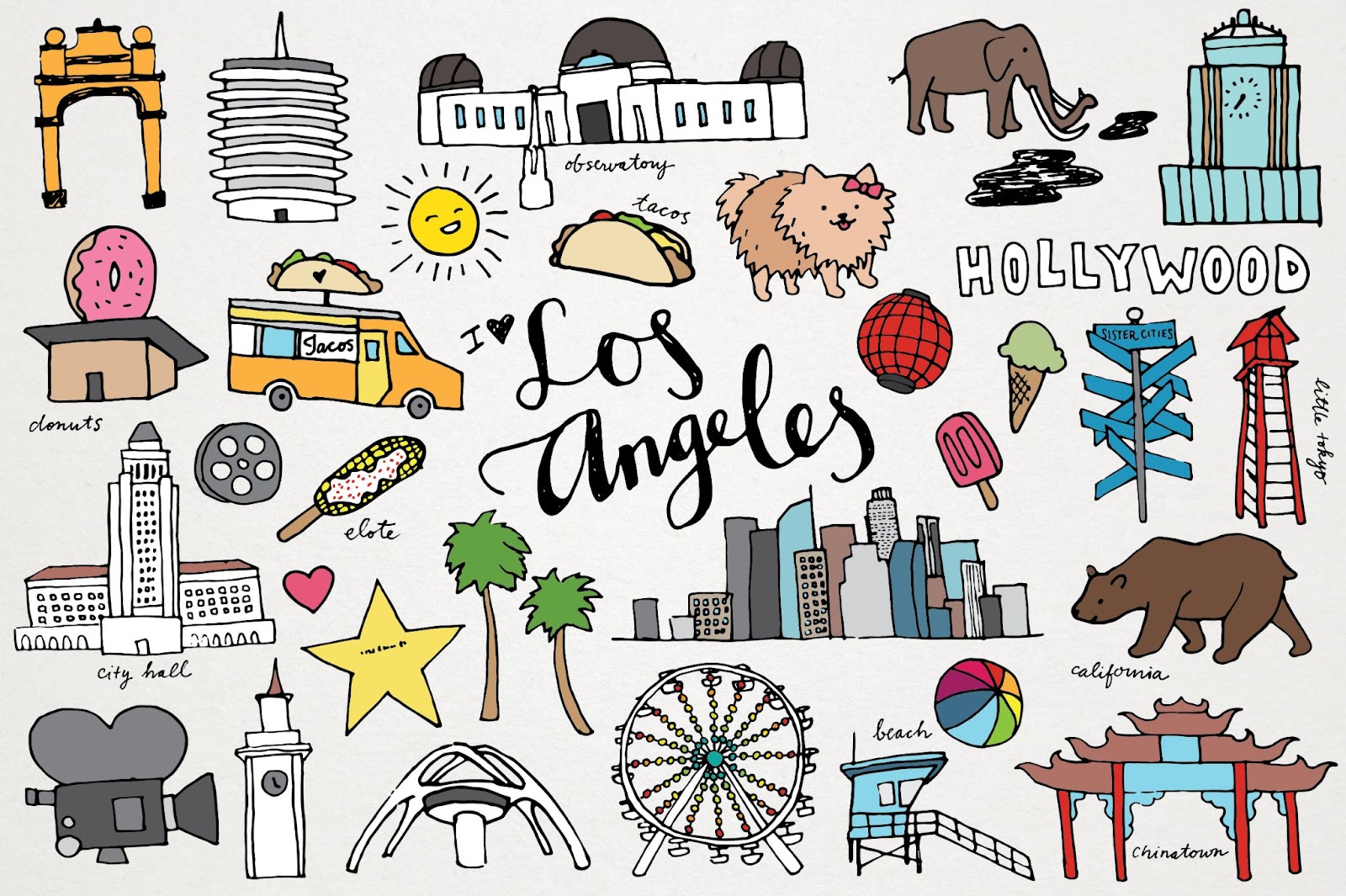 Los Angeles California Monumenti e punti di riferimento Città fatta a mano Clip Art Set