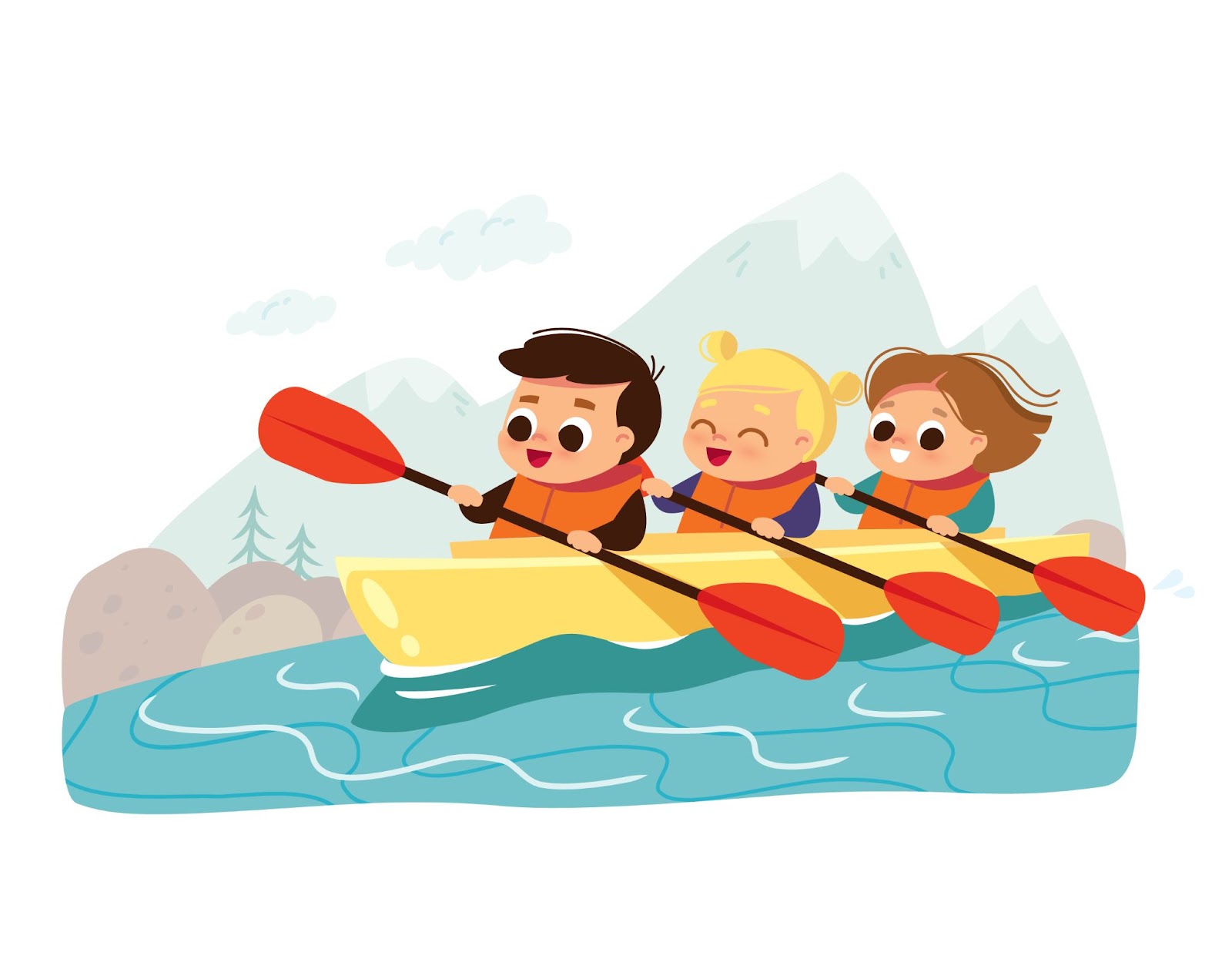 Bambini in canoa. Attività estiva. Scolari in kayak. Illustrazione