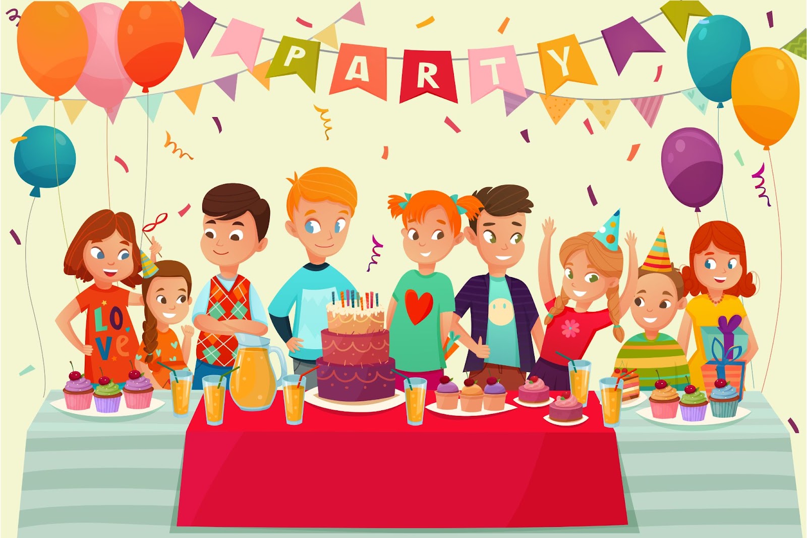 Cartone animato bambini partito poster con grande tavolo dolci e regali sulla festa di compleanno illustrazione
