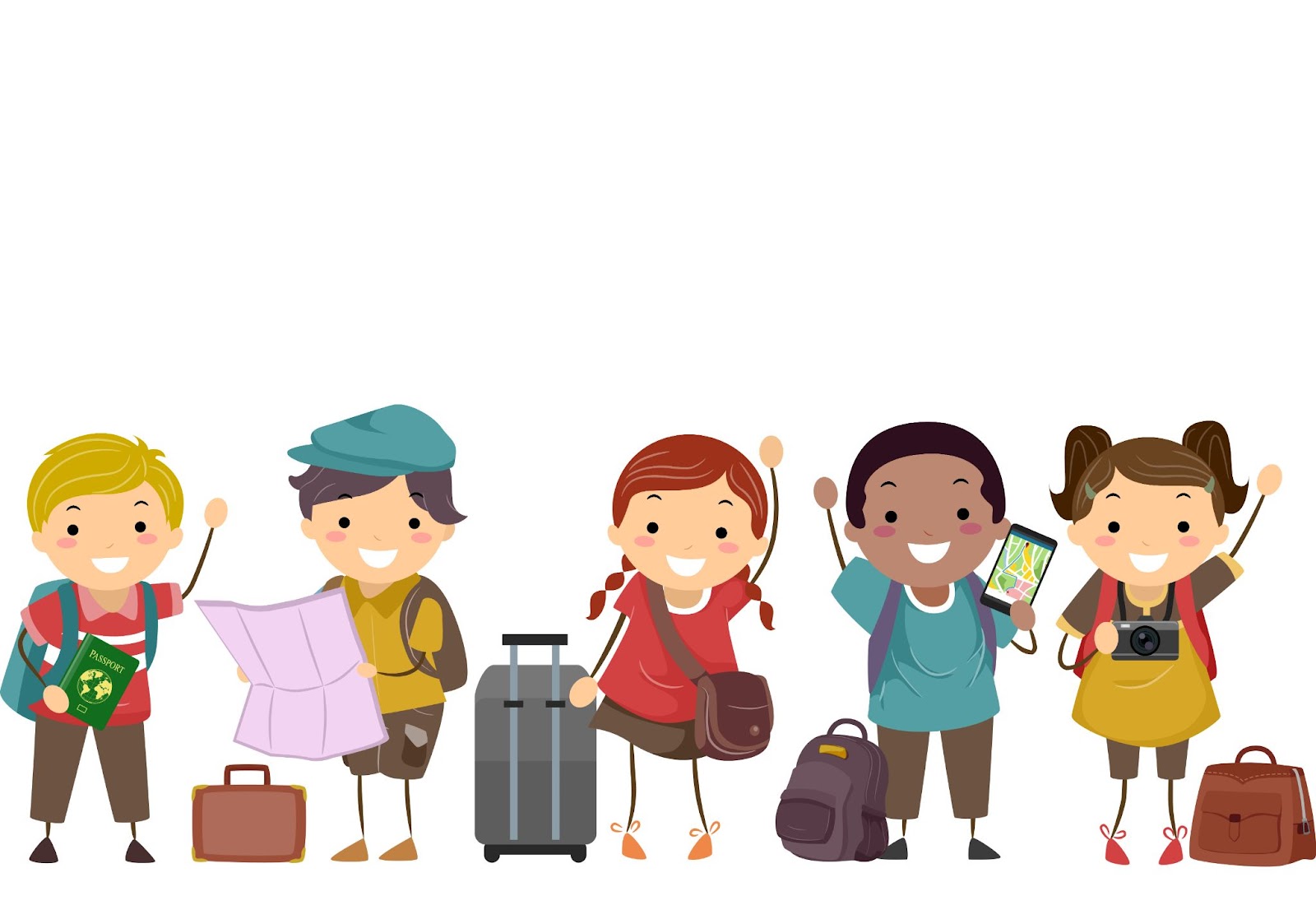 Illustrazione di Stickman Kids con mappa, borsa, macchina fotografica e bagagli pronti per viaggiare