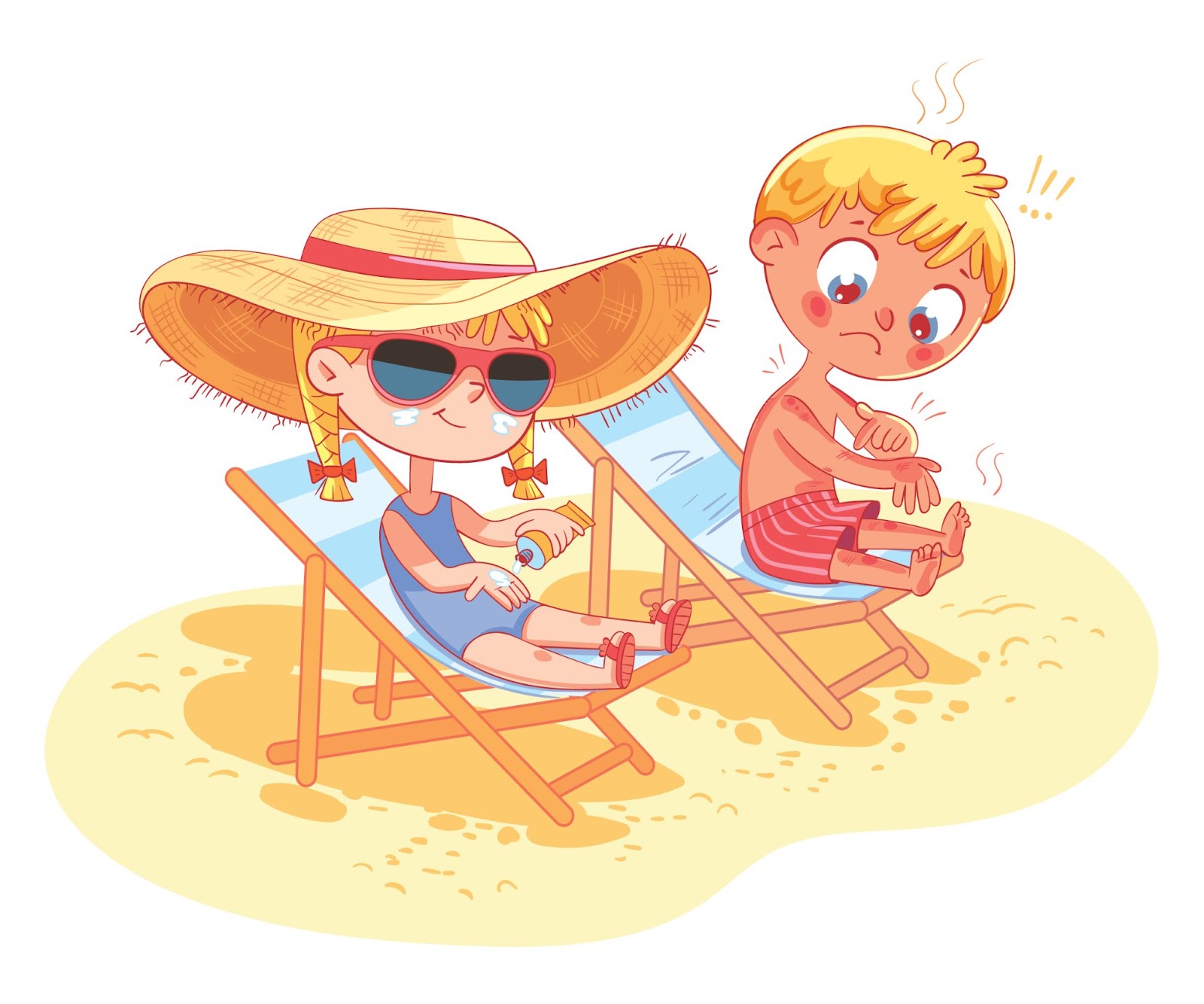 Bambini prendono il sole in spiaggia sui lettini. La ragazza usa la protezione solare. Il bambino si scotta e piange.