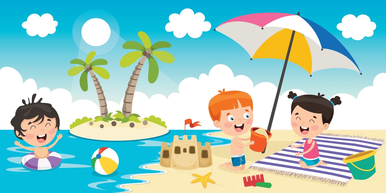 Bambini che giocano sulla spiaggia in estate, illustrazione, concetto di vacanza sicura per i bambini