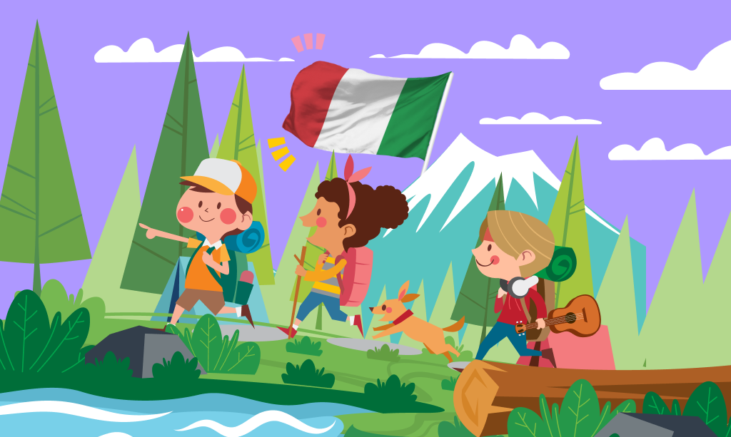 Bambini in un campo estivo in Italia, illustrazione