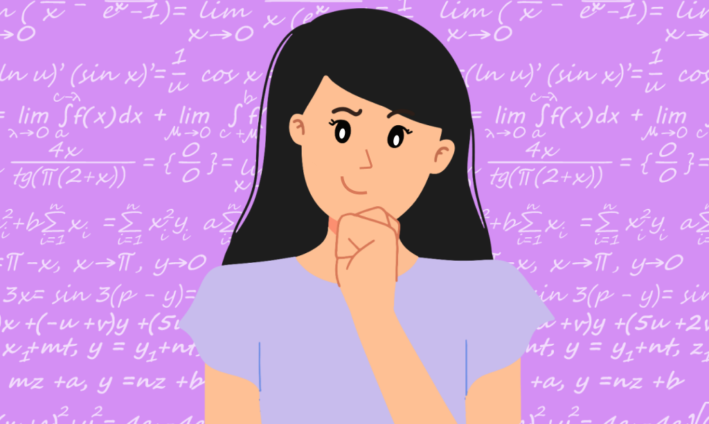 Una giovane donna su uno sfondo con numeri e formule, indovinelli