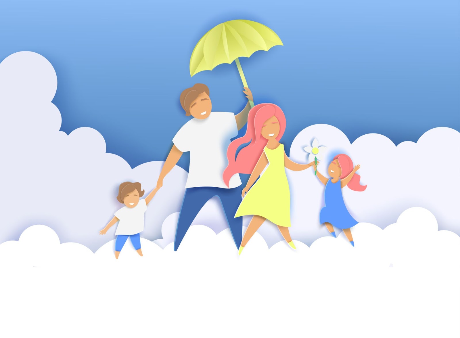 Famiglia felice con due bambini che cammina lungo soffici nuvole con ombrello, illustrazione. Composizione creativa per la Giornata internazionale dei genitori