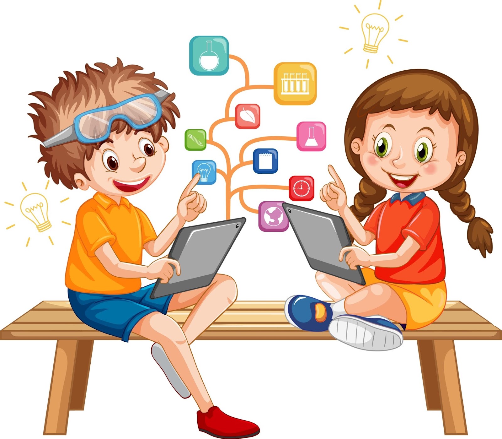 Bambini che utilizzano il tablet con l'illustrazione delle icone dell'istruzione
