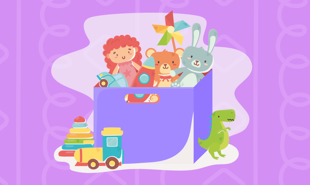 Una scatola con giocattoli colorati e sicuri per i bambini, illustrazione