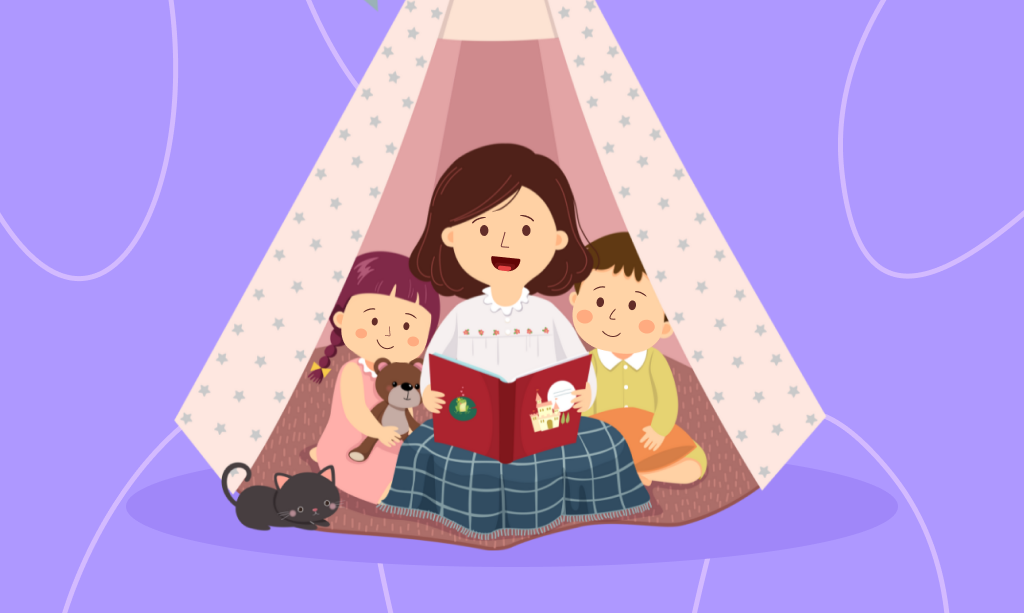 Mamma con bambini che leggono libri, illustrazione