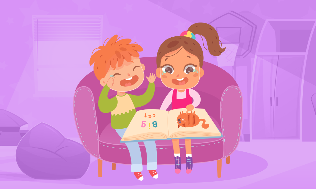 Due bambini sono seduti sul divano e ridono, scherzi per bambini piccoli, illustrazione