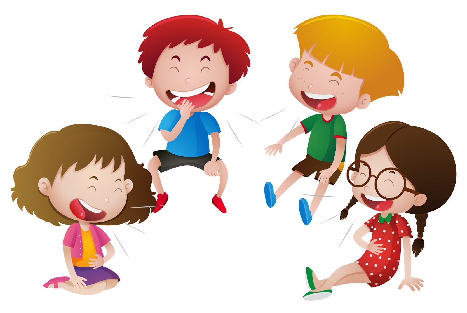 Quattro bambini che ridono, illustrazione, scherzi per bambini