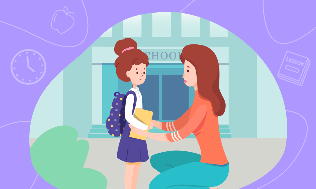 Ragazza con uno zaino davanti a un edificio scolastico, con la mamma, illustrazione