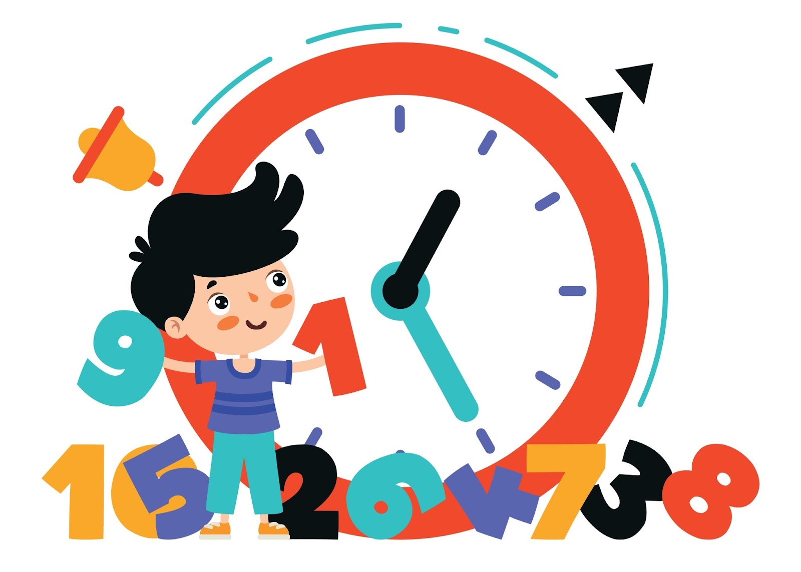 Immagine dell'orologio, giovane studente, numeri, concetto di ore di apprendimento in inglese, illustrazione