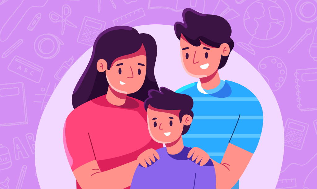 Mamma, papà, figlio, famiglia su uno sfondo colorato, concetto di bonus scuola