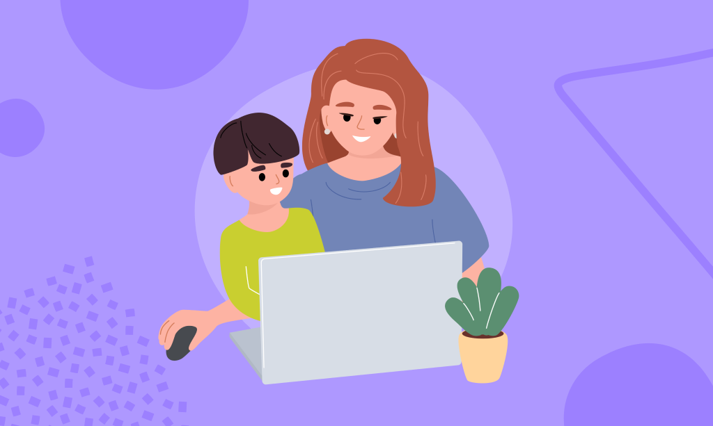 Mamma e figlio che seguono lezioni online, concetto di scelta di un computer portatile per un bambino, illustrazione