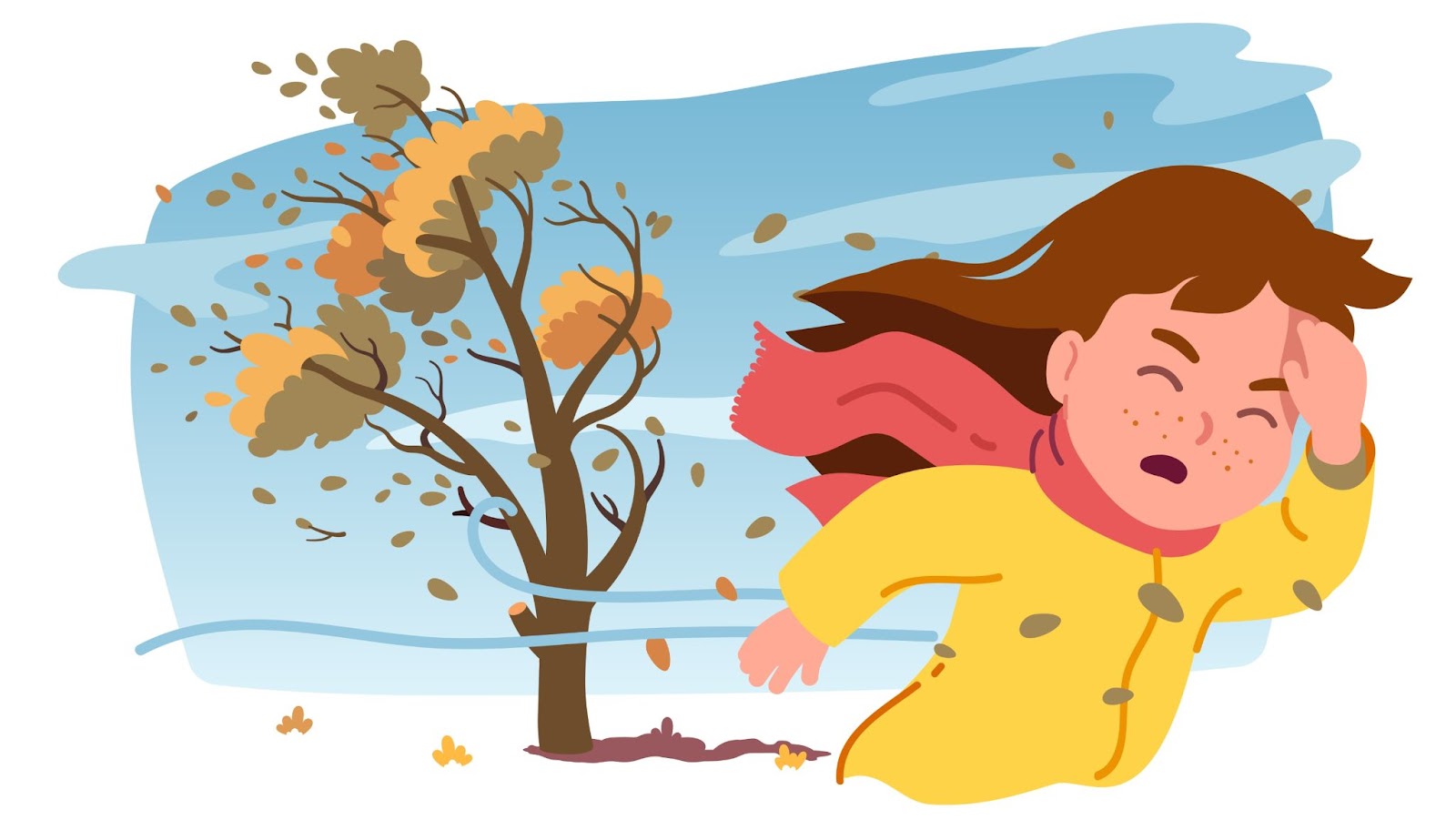 Autunno forte tempesta di vento. Ragazza e bambino che combattono contro il vento piegando un albero con foglie gialle volanti.