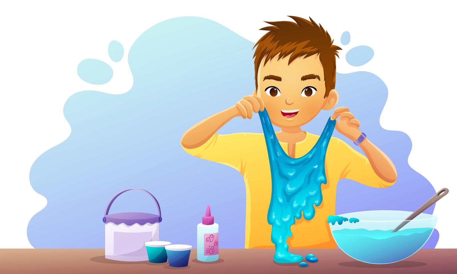 Giovane ragazzo che gioca con la melma blu-verde fatta in casa. Illustrazione vettoriale isolata su sfondo bianco.