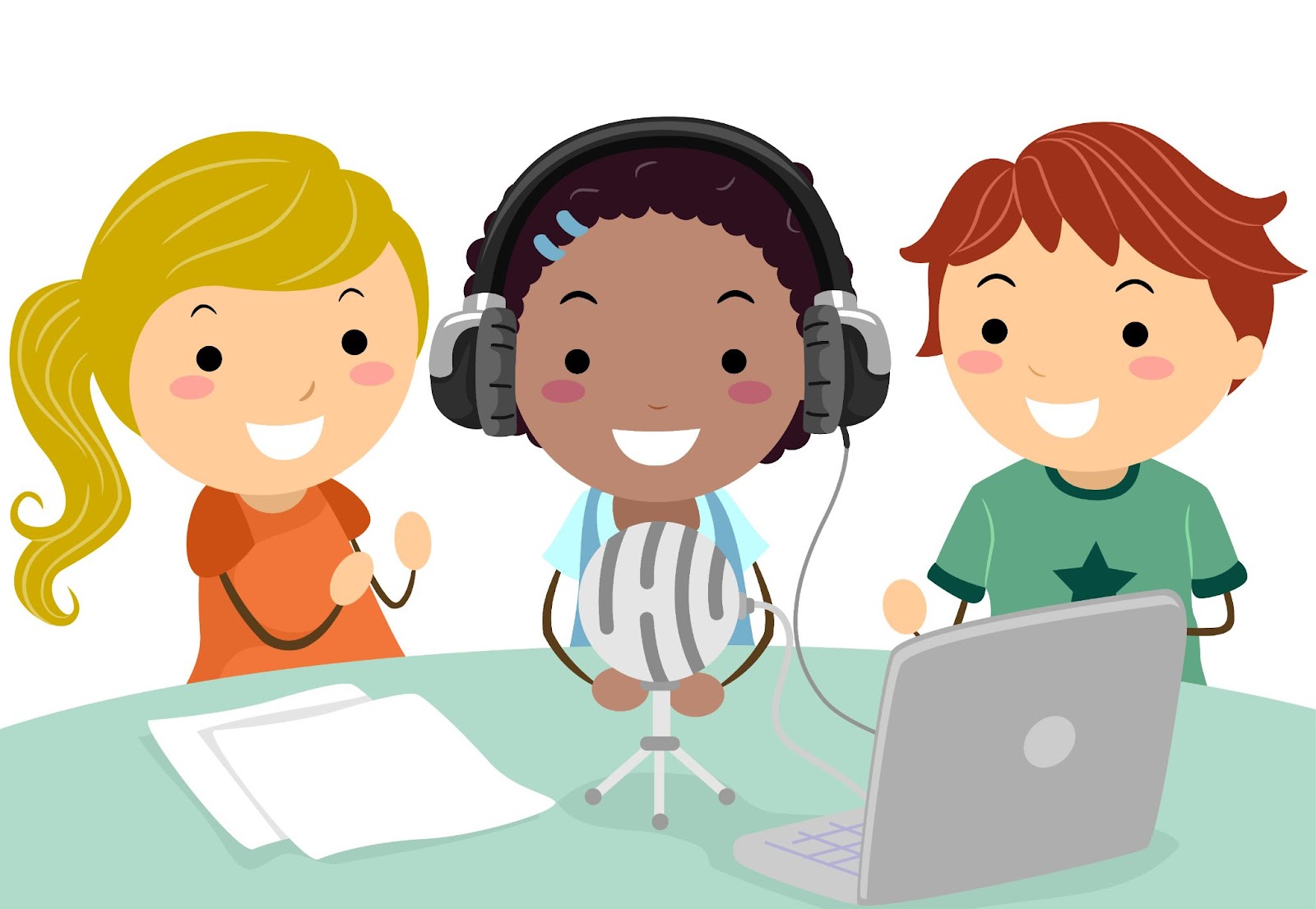 Illustrazione di Stickman Kids che registra un podcast scolastico con microfono, cuffie e laptop