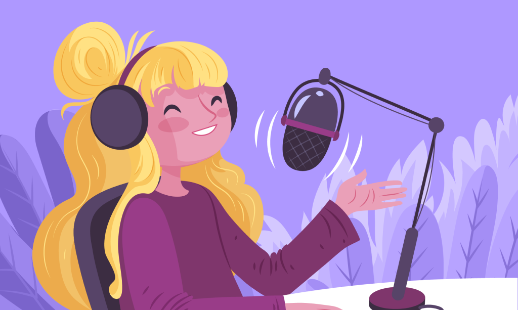 Un giovane studente ascolta i podcast, illustrazione, concetto di podcast migliore