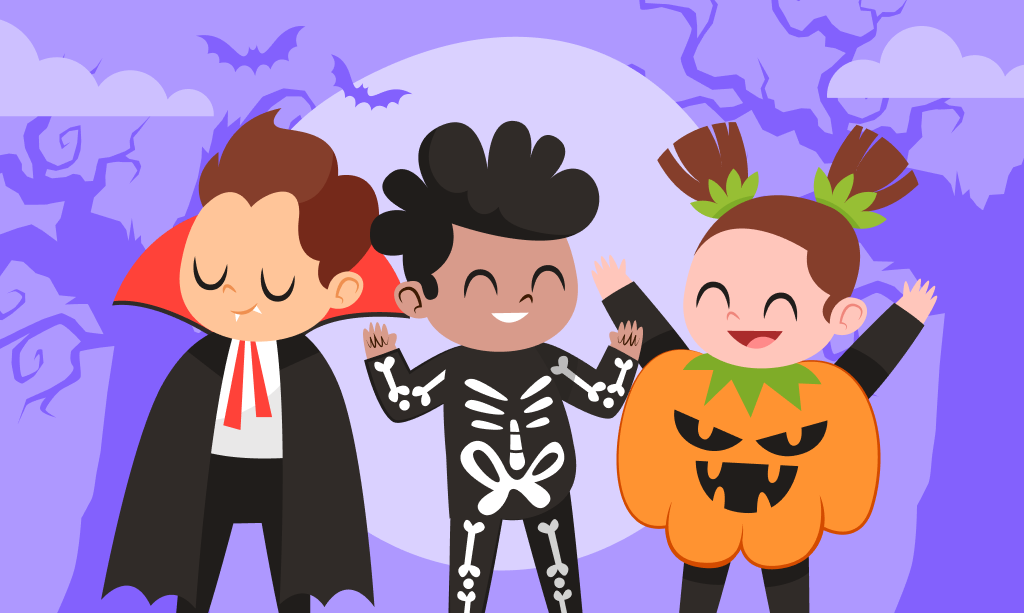 Bambini in diversi costumi di Halloween, concetto - cosa fare ad Halloween con i bambini
