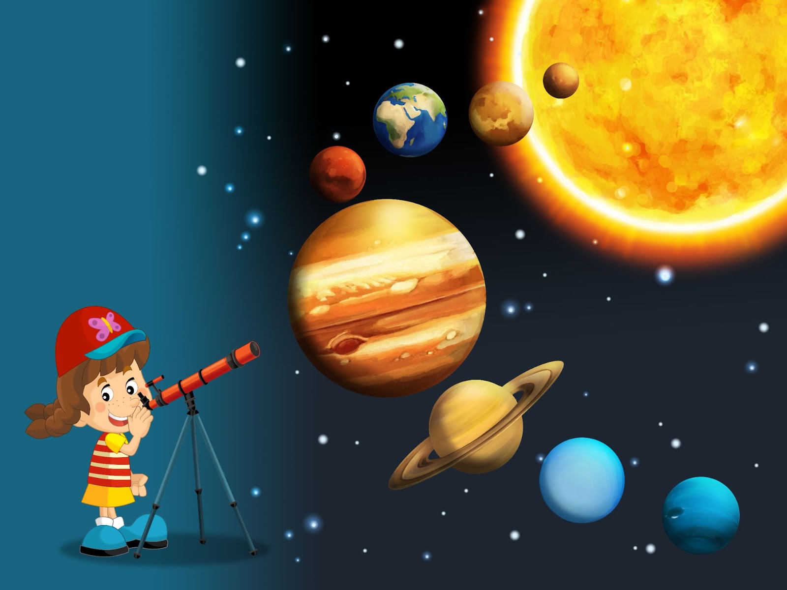 Giovane ragazza che usa il telescopio per osservare i pianeti, concetto - come spiegare il sistema solare ai bambini, illustrazione