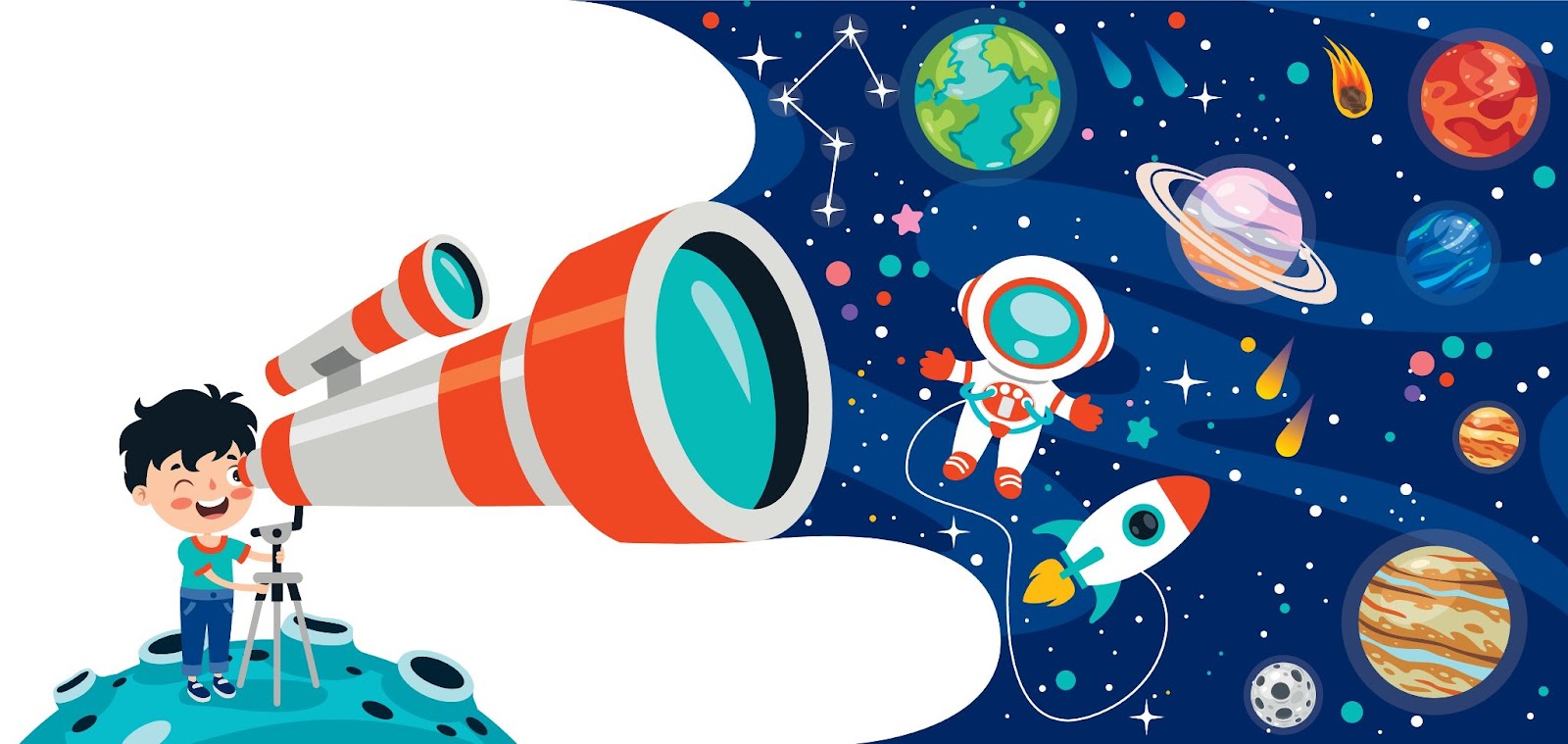 Giovane ragazzo utilizza un telescopio per osservare lo spazio, le piante e le stelle, illustrazione