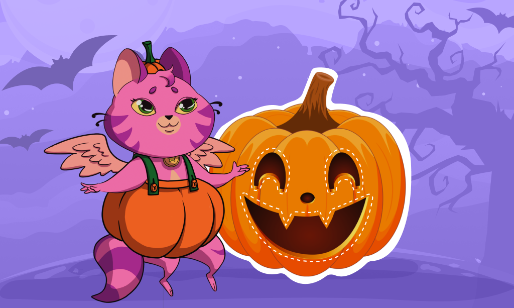 Intaglio di zucca per bambini, illustrazione con personaggi divertenti, concetto di Halloween per bambini