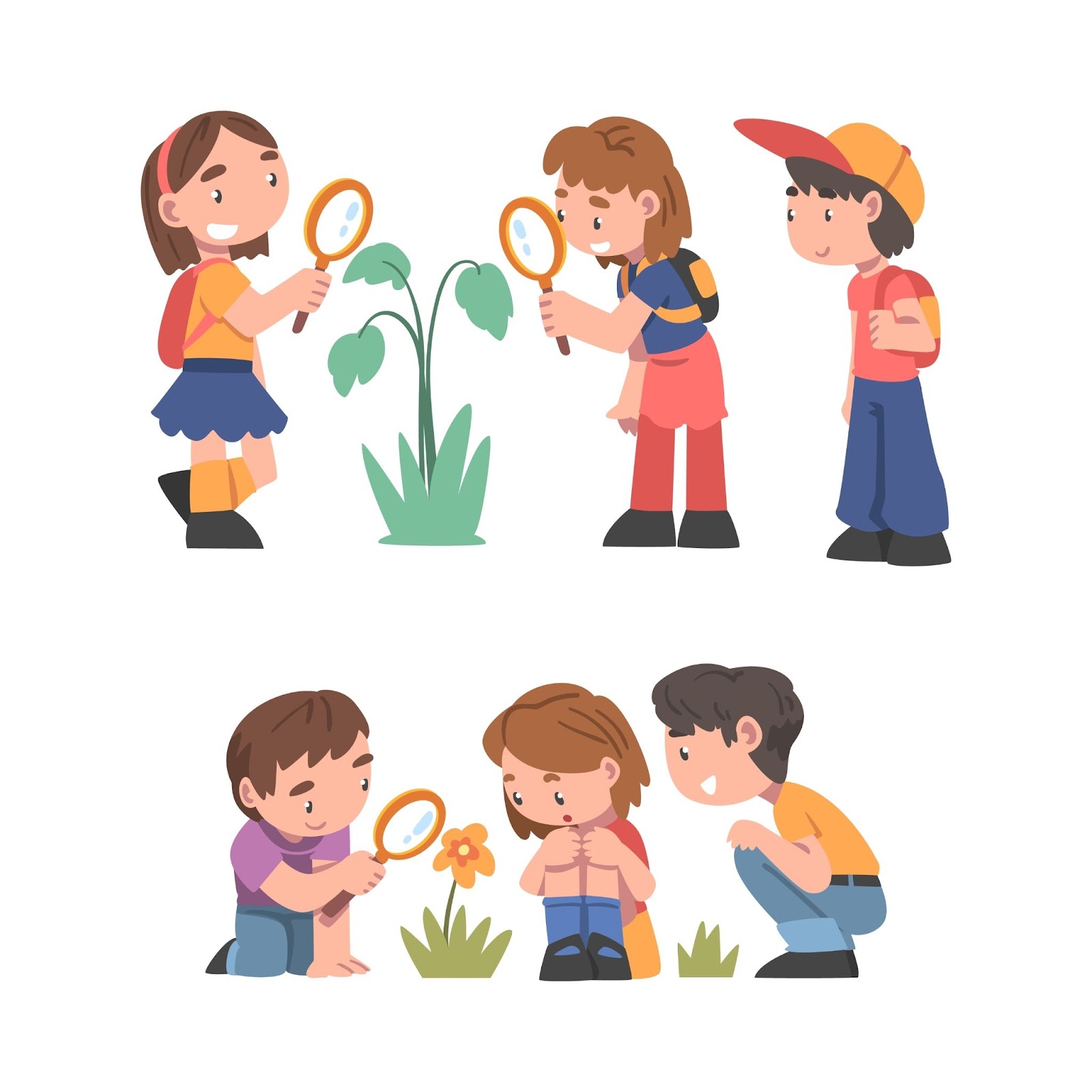 Ragazzo e ragazza curiosi vicino a un fiore in fiore con lente d'ingrandimento che studiano la pianta ed esplorano l'ambiente, illustrazione