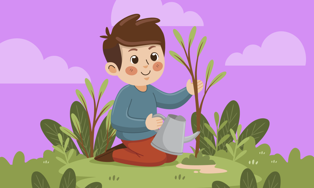 Un ragazzo innaffia una pianta, illustrazione