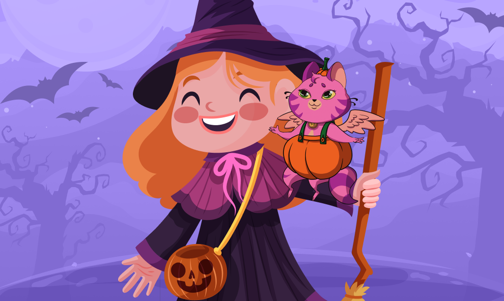 ragazza in costume da strega, concetto - cosa fare ad Halloween con i bambini
